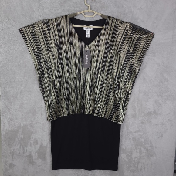 Joseph Ribkoff Layered Dress Size 14 V-Neck Black Foiled Pleated Novelty Knit - Picture 1 of 15